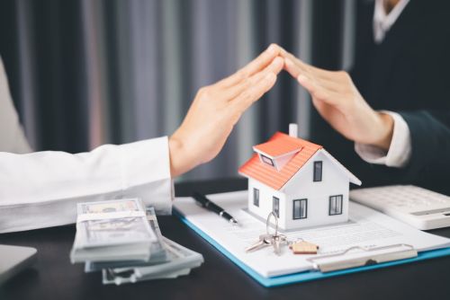 Concept business house finance protection office plan investment buy sell home ensuring idea financial security. residence agent hand protect purchase insurance and secure favorable loan deal.